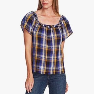 Vince Camuto Plaid Top in Blue and Yellow Women's Size Large cotton rayon